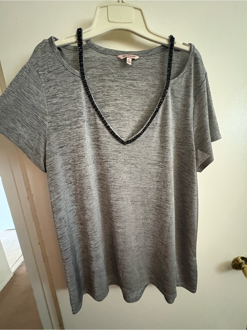 Juicy Couture Gray Short Sleeve Tee with Beaded V-Neck